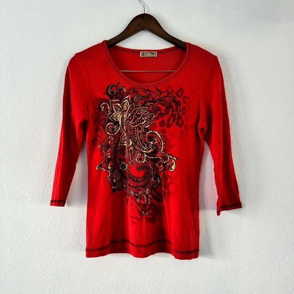Vintage Graphic Y2K Top Metallic Embellished 90’s Red Shirt Small - Picture 9 of 9
